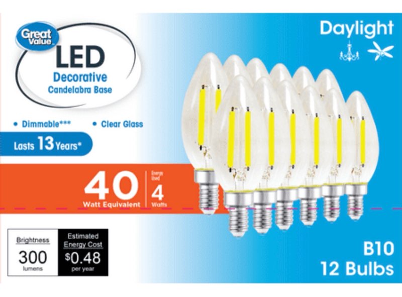 great value led light bulb  4w (40w equivalent) b10 deco lamp e12 candelabra base  dimmable  daylight  12-pack