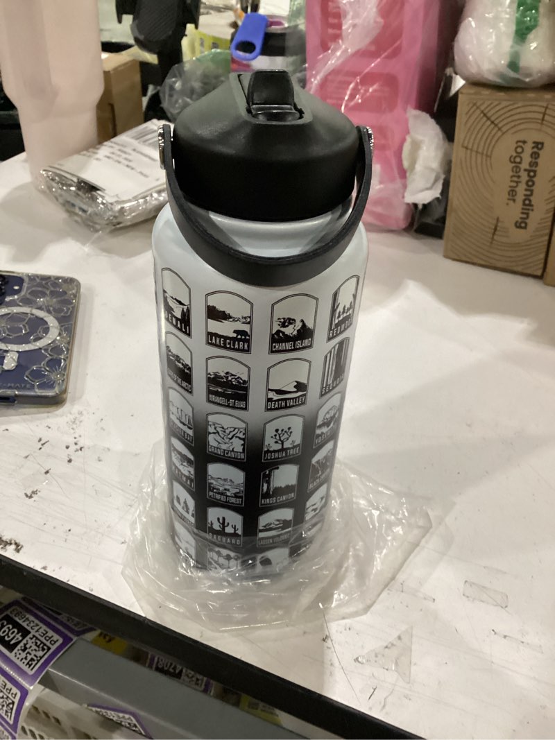 Condition photo showing Good Condition for national parks water bottle with stickers | 32oz leakproof insulated stainless steel with straw | perfect for hiking, camping & travel (white-black)