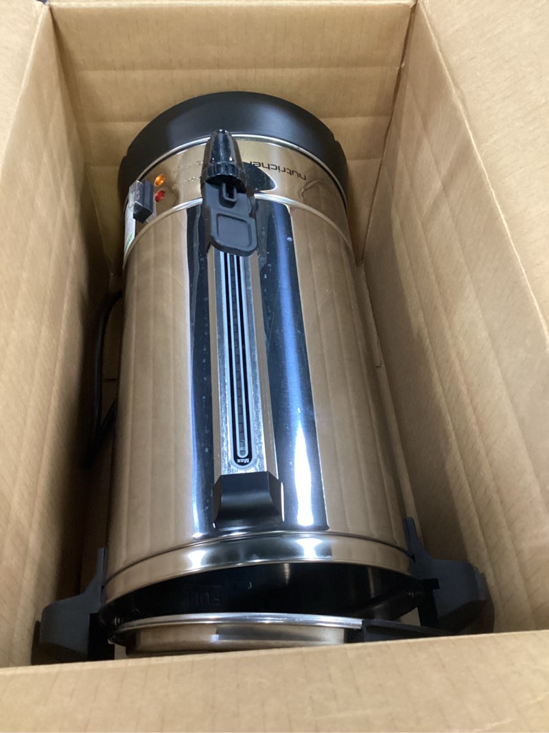 Condition photo showing As Is for NutriChef Water Boiler and Hot Water Dispenser, 8L Electric Beverage Dispenser with Safety Lock Lid, Non-Drip Tap, Warm Function, Food Grade Stainless Steel, Home & Commercial Use, 19"x9"x9", Silver 8.5 Quarts