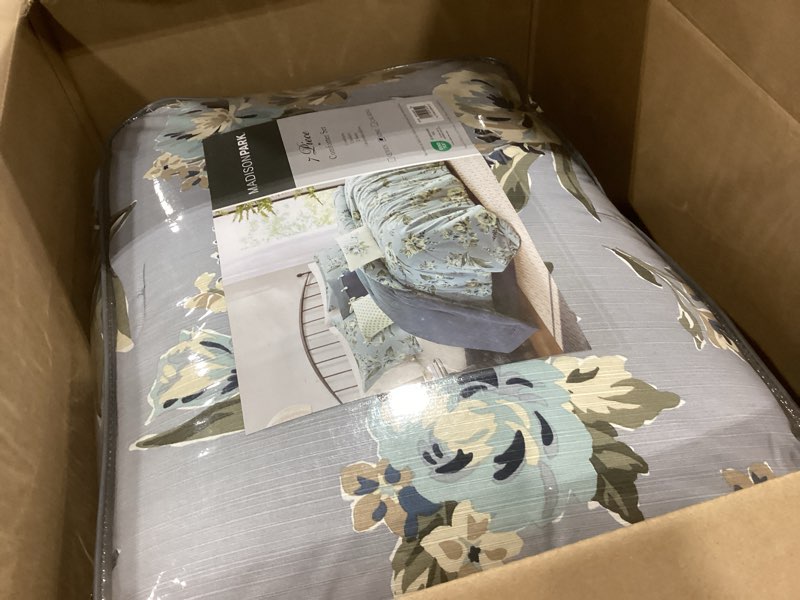 Condition photo showing As Is for madison park king comforter set vintage floral reversible comforter, all season, down alternative bedding comforter, bedskirt, pillows, shams, salara, king blue 7 piece