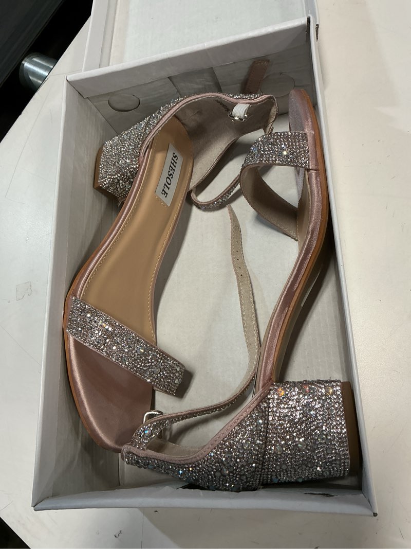 Condition photo showing Good Condition for SheSole Women's Open Toe Strappy Low Block Heel Bling Rhinestone Sandals for Wedding Bride Dress Shoes size 39