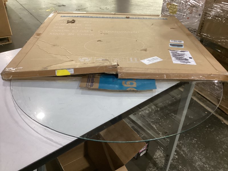 Condition photo showing As Is for round office chair mat for carpet & hardwood, upgraded 45" x 45" dual use tempered glass chair mat for chair and footrest under desk 45" x 45" nature