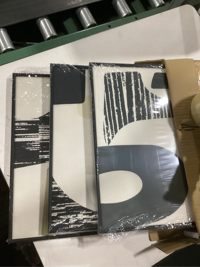 Condition photo showing New/Like New for qkf modern abstract wall art large geometric black and white 3 piece canvas painting for living room contemporary wall decor with high gloss finish 16x24 inches set 16" x 24" x 3 pieces black and white