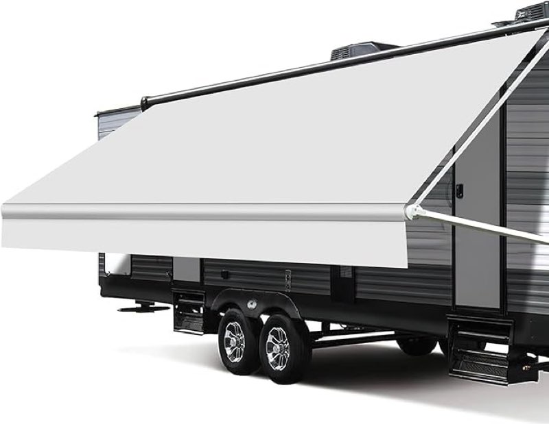 rv awning fabric replacement, 18.5oz heavy-duty weatherproof vinyl camper awning replacement universal outdoor canopy for rv, trailer, and motorhome awnings-black fade- 10'(fabric 9'2\") 10'(fabric 9'2\") white  fade