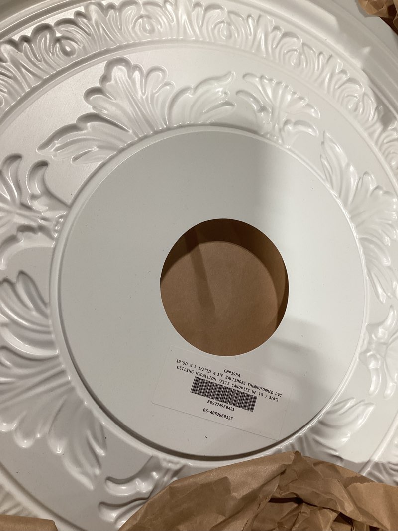 Condition photo showing Good Condition for Ekena Millwork CMP19BE Berkshire Thermoformed PVC Ceiling Medallion (Fits Canopies up to 8 3/8"), 19"OD x 3 1/2"ID x 1"P 19"OD Unfinished