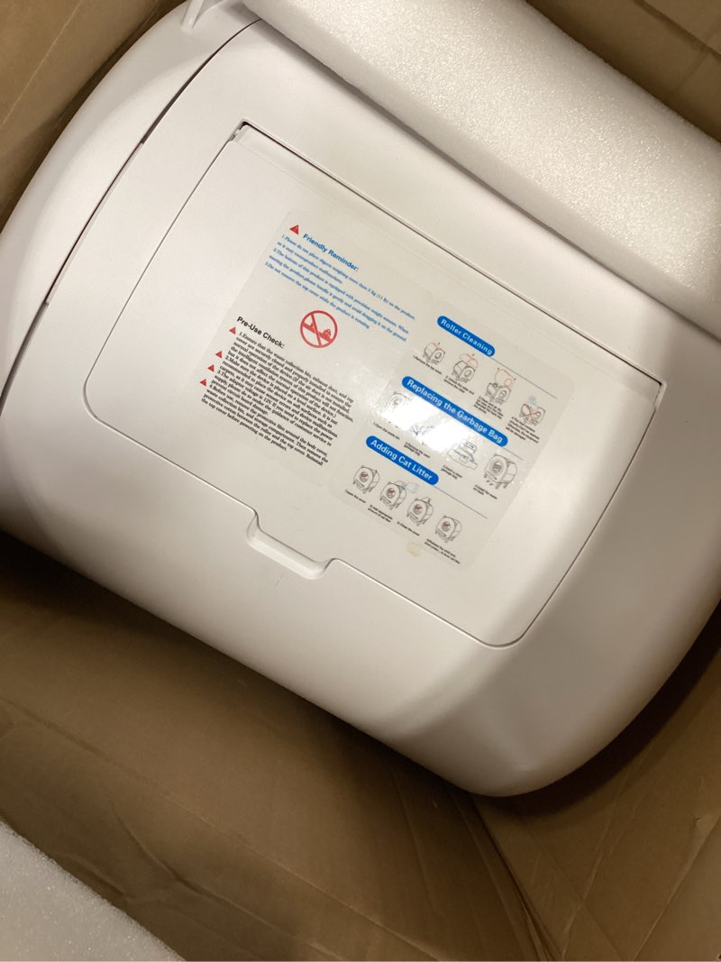 Condition photo showing As Is for Self Cleaning Litter Box, 68 L Automatic Cat Litter Box for Multiple Cats, Robot with Dual Safety Protection, APP Control, Odor Removal Smart Litter Boxes, 2 Roll Trash Bags White