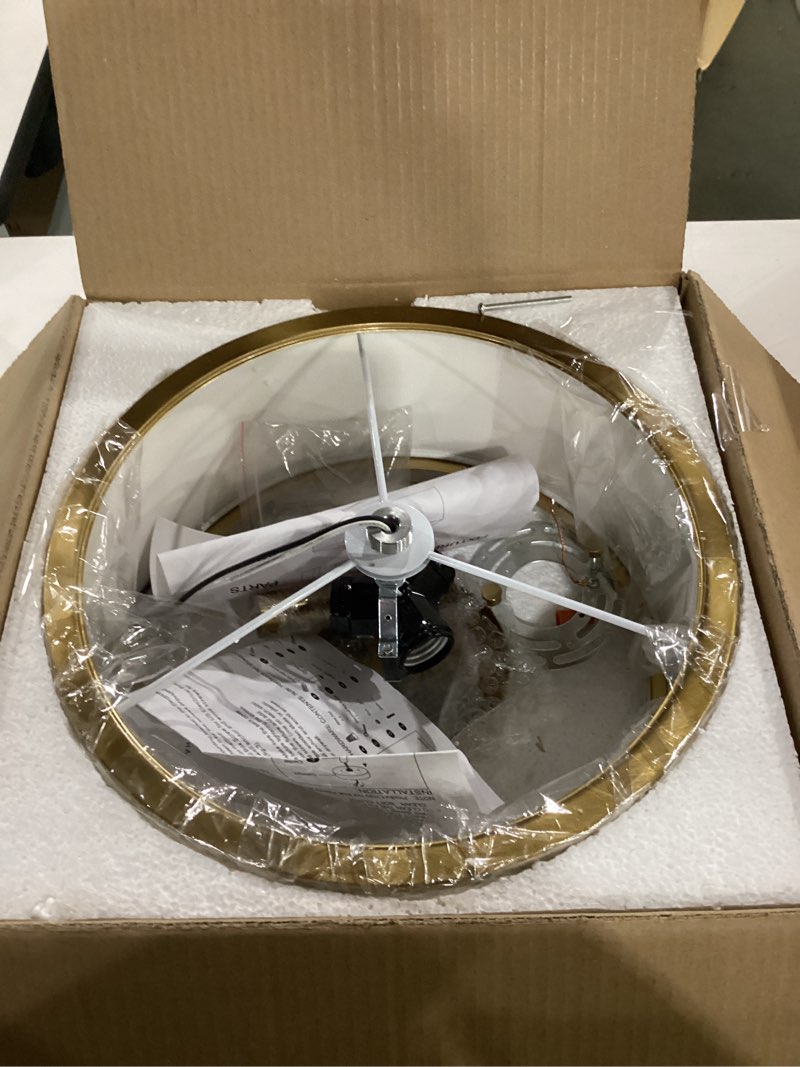 Condition photo showing As Is for not tested**** edwarmlux 3-light semi flush mount ceiling light fixture, 12.6\\\" gold drum light with white fabric shade, modern close to ceiling light for living room bedroom dining room kitchen hallway entry foyer brushed gold + white fabric