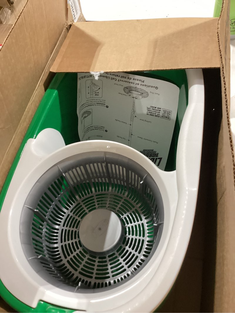 Condition photo showing Good Condition for libman tornado spin mop system and 1 refill, mop and bucket with wringer set for hardwood floor cleaning, 2 total heads included spin mop plus 1 refill