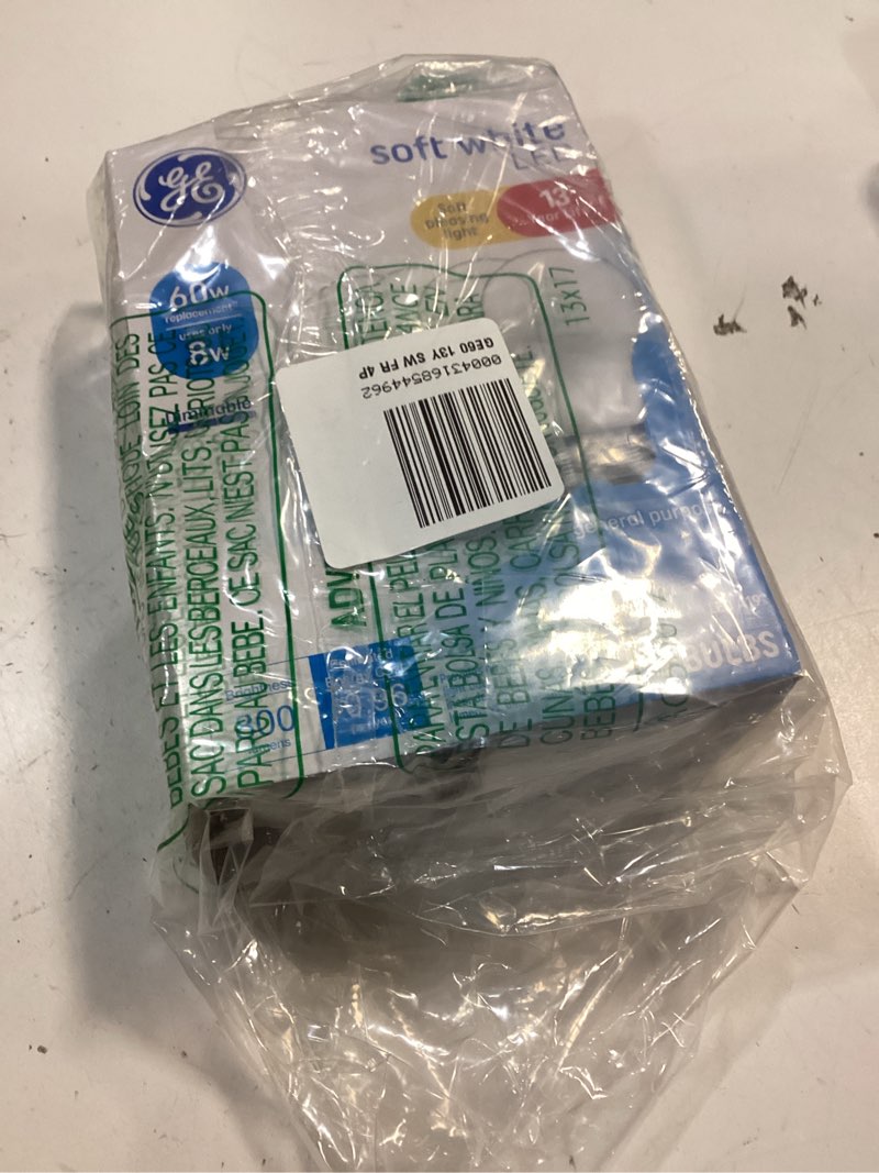 Condition photo showing New/Like New for ge led light bulbs, 60 watt, soft white, a19 bulbs, medium base, frosted finish, 13yr, 4pk