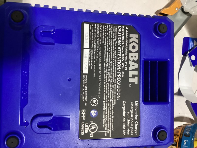 Condition photo showing As Is for kobalt 40 volt max 80 watt lithium-ion battery charger 
