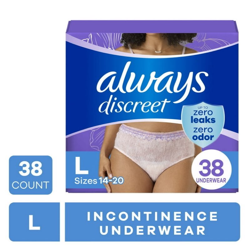 Always Discreet Adult Incontinence Underwear for Women and Postpartum Underwear, up to 100% Bladder Leak Protection, L Maximum, 76 Count (Packaging May Vary)