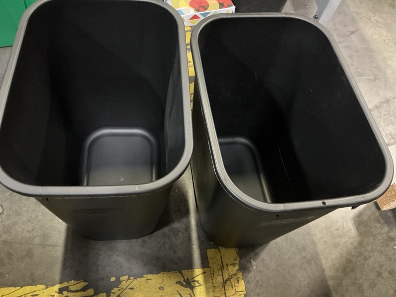 Condition photo showing New/Like New for (pack od 2) rubbermaid commercial products resin wastebasket/trash can, 7-gallon/28-quart, black, plastic, for bedroom/bathroom/office, fits under desk/sink/cabinet 7 gallons black 2