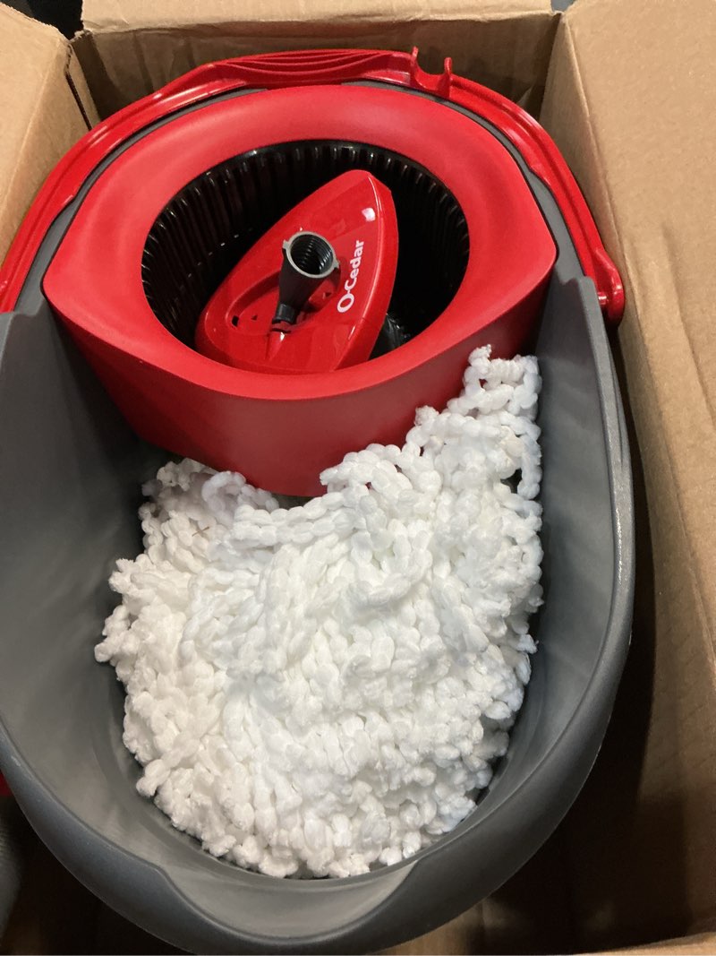 Condition photo showing New/Like New for o-cedar easywring microfiber spin mop & bucket floor cleaning system + 2 extra refills, red/gray spin mop & bucket with 2 extra refills
