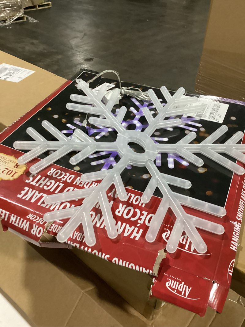 Condition photo showing New/Like New for Alpine Corporation 24" Tall Indoor/Outdoor Hanging Snowflake Decoration with 102 LED Lights, Winter Ornament Christmas Holiday Decor Cool White Snowflake