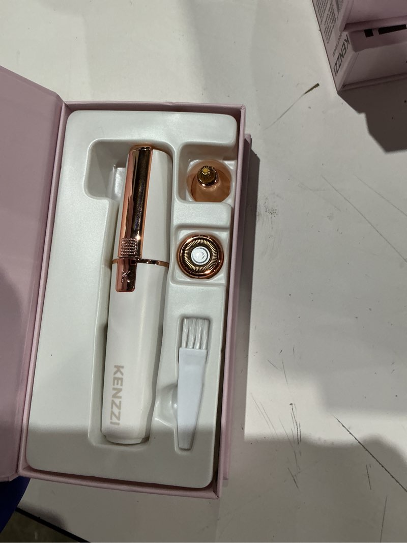 Condition photo showing As Is for kenzzi 2-in-1 rechargeable women’s face electric shaver and facial hair remover with eyebrow trimmer, white and rose gold