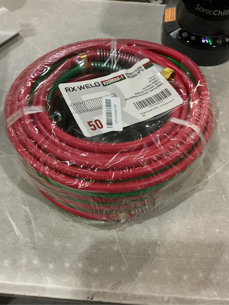 Condition photo showing New/Like New for rx weld 50 ft 1/4" oxy acetylene welding hose with 9/16"-18 b fittings - grade r twin-line torch hose for acetylene cutting & welding (300psi/900psi) 50 feet