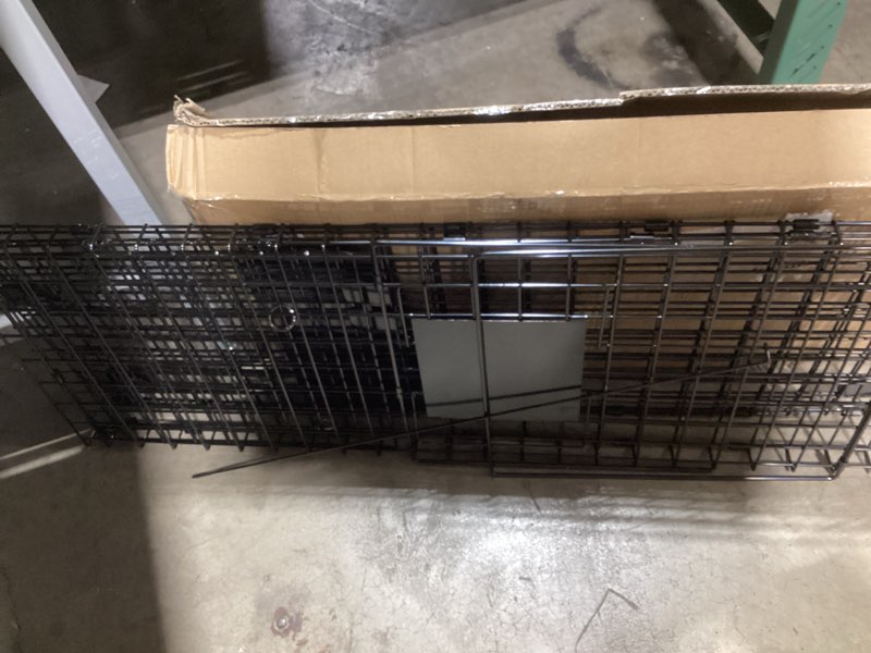 Condition photo showing As Is for szhlux 32" live animal cage trap, heavy duty folding raccoon traps, humane cat trap for stray cats, raccoons, squirrel, skunk, mole, groundhog, armadillo, rabbit, catch and release sz-hxl8130-new