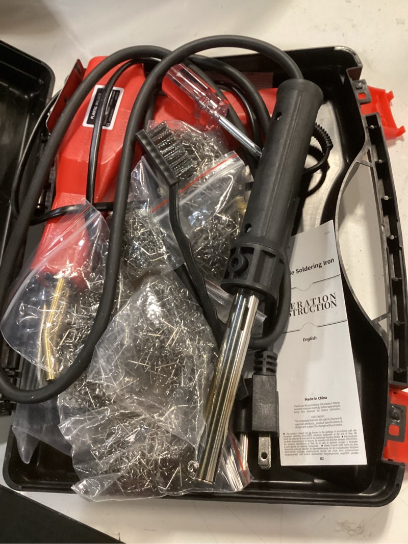 Condition photo showing Good Condition for 220w plastic welder, 1200pcs staples 40pcs rods plastic welding kit, 5 in 1 welding tips tape sandpaper wire mesh stand metal brush screwdriver plastic welder kit bumper repair kit (red)