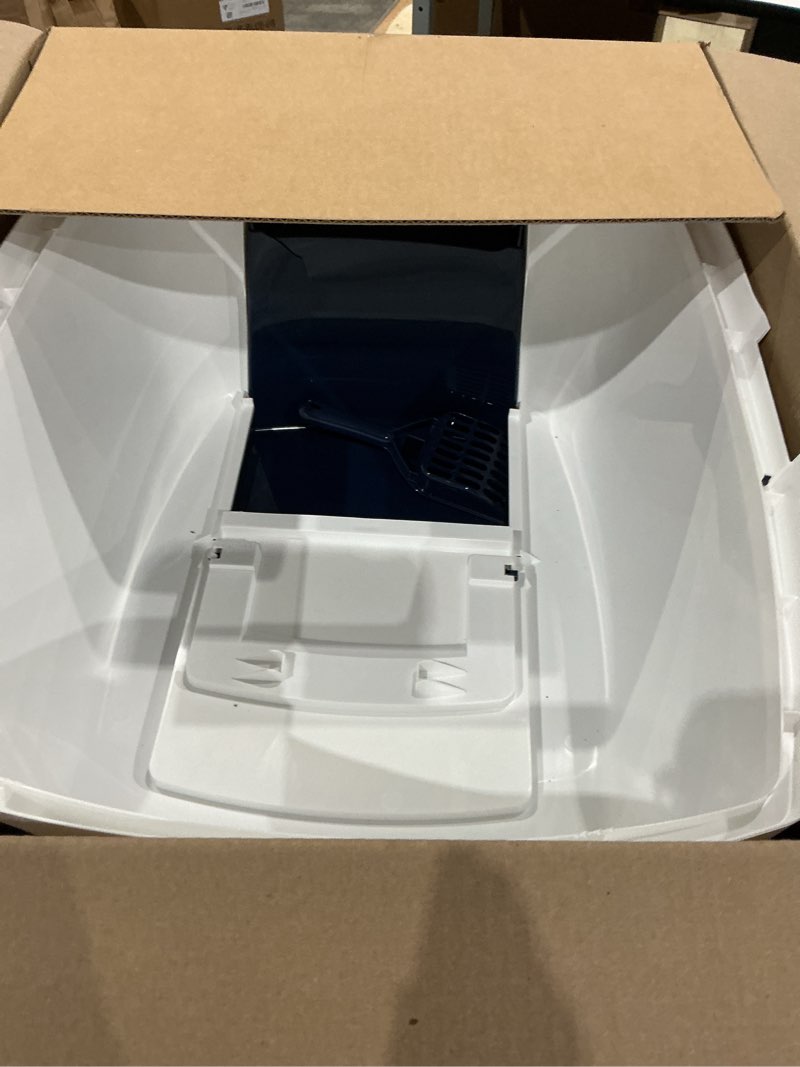 Condition photo showing Good Condition for iris usa cat litter box, large enclosure with front door flap and scoop, covered box with handle and buckles for portability and privacy, navy/white