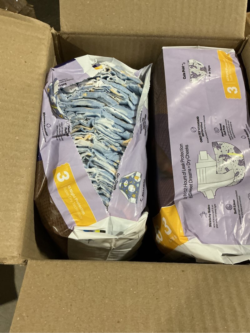Condition photo showing Good Condition for the honest company comfort dry disposable overnight diapers for sensitive skin, hypoallergenic, baby cozy cloud and star signs design club box size 3 (16–28 lbs) 52 count size 3 52