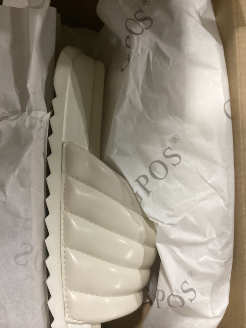 Condition photo showing Good Condition for GPOS Womens Slides with Memory Foam Soft Cushioned Cozy House Slippers for Woman Comfy Open Toe Ladies Sandals Leather Slip on Bedroom Shoes Plantar Fasciitis Indoor Outdoor 6 Beige White