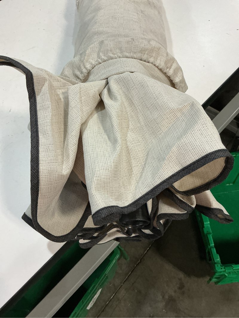 Condition photo showing As Is for my texas house 9ft outdoor round market patio umbrella with off-white canopy and black trim