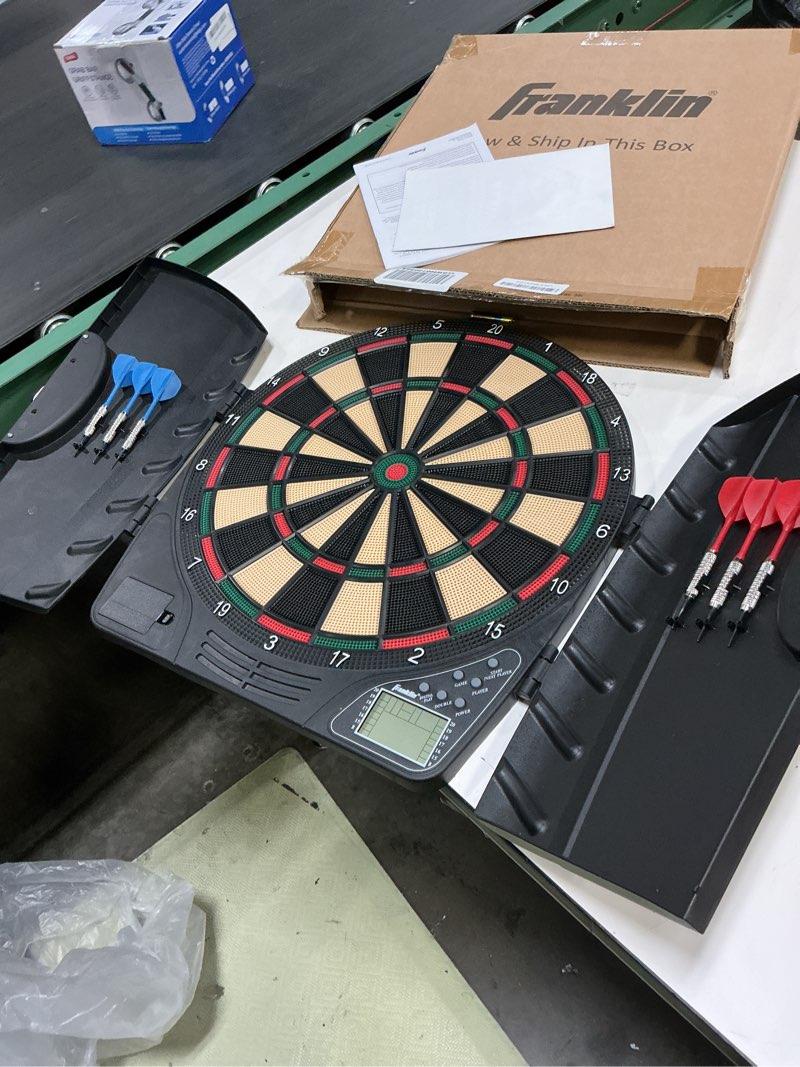 Condition photo showing Good Condition for franklin sports electronic dart board sets - soft tip electric dartboard with digital scoreboard - (6) darts included dartboard w/ cabinet