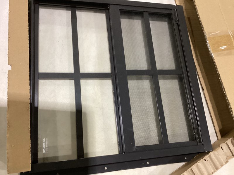 Condition photo showing Good Condition for *missing one window / black windows * 2 pack shed window 12" w x 16" h, white flush mount window with tempered glass and removable screen for playhouses, sheds, garage and chicken coops 12”x16" white