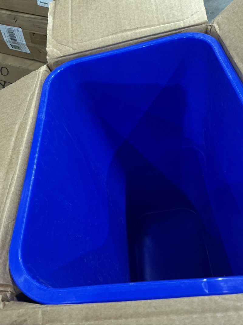 Condition photo showing As Is for amazon basics rectangular commercial office wastebasket, easy to clean, lightweight, 10 gallon, blue, recycle logo blue 10 gallon (pack of 1)