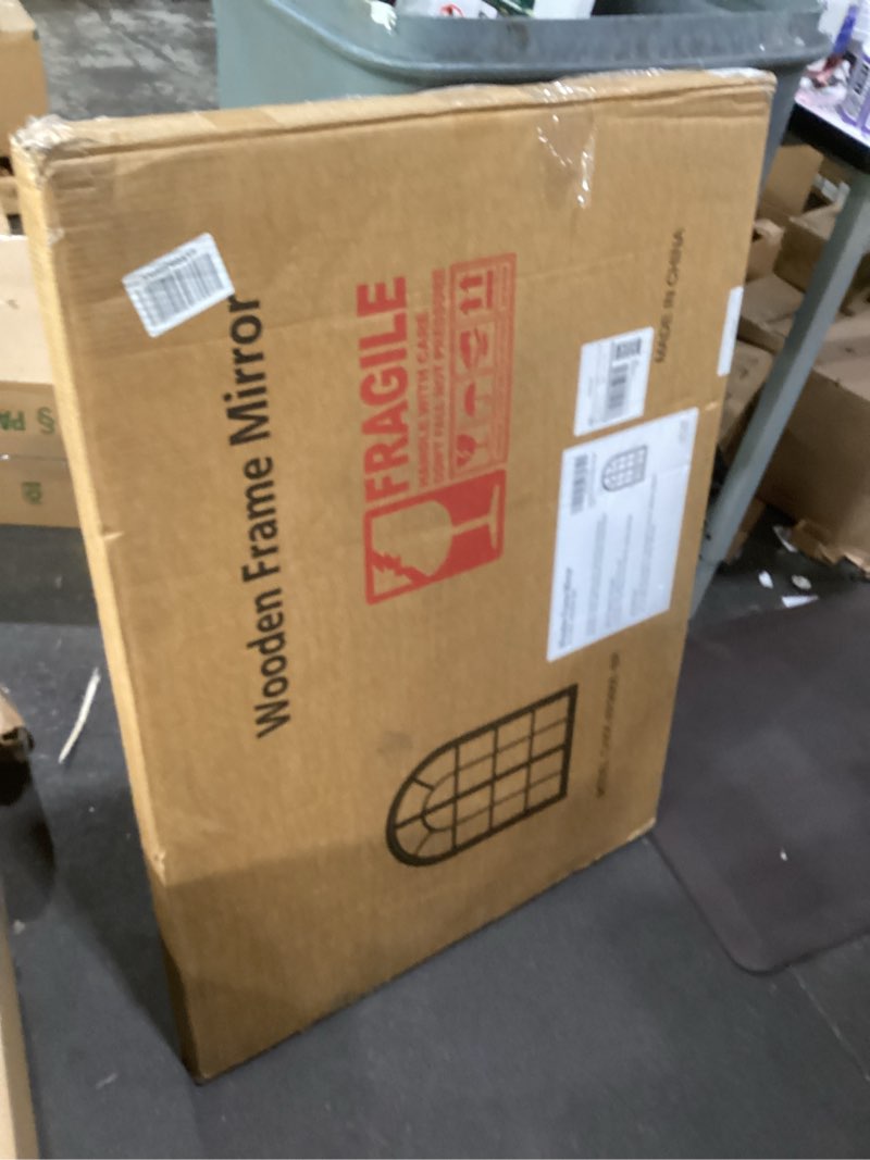 Condition photo showing New/Like New for arched wall mirror with window pane design 38 x 26 inch rustic farmhouse wood decorative mirror for living room bedroom entryway natural-arched 38"l x 26"w