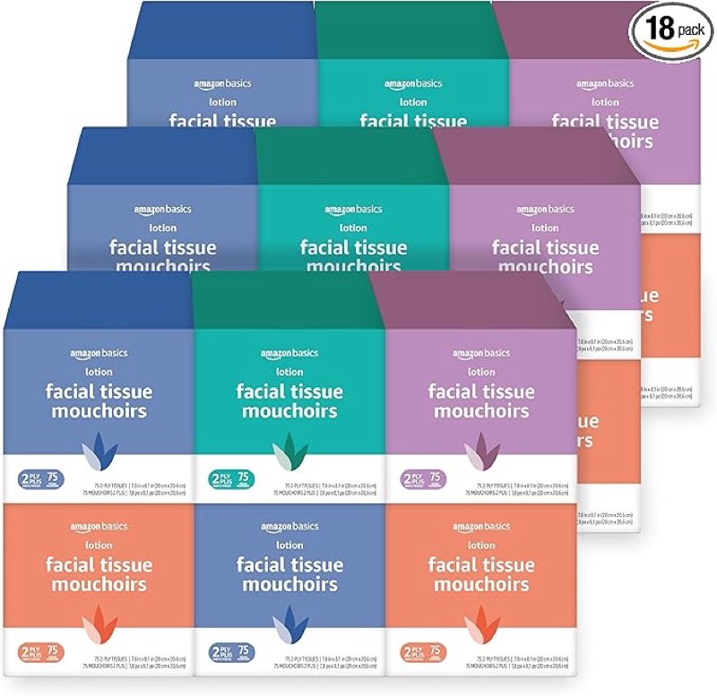 amazon basics facial tissue with lotion, 2-ply, 1350 count (18 packs of 75), (packaging may vary)