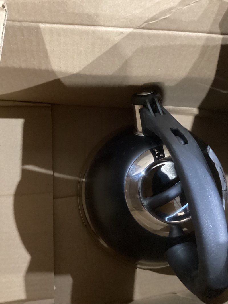 Condition photo showing As Is for Mr. Coffee Clarefield 2.4 Qt Whistling Tea Kettle – Matte Black Stovetop Water Kettle with Lid, Heat-Resistant Nylon Handle and Knob, Stainless Steel Trim 2.4 Quarts Matte Black