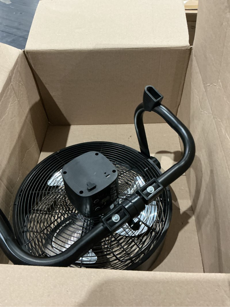 Condition photo showing As Is for 15'' rechargeable floor fan for home outdoor garage?high-performance dc brushless copper motor?metal material, cordless, 360 degree manual tilt, 12000mah large battery for 5-24 hours power bank-1pack dark black