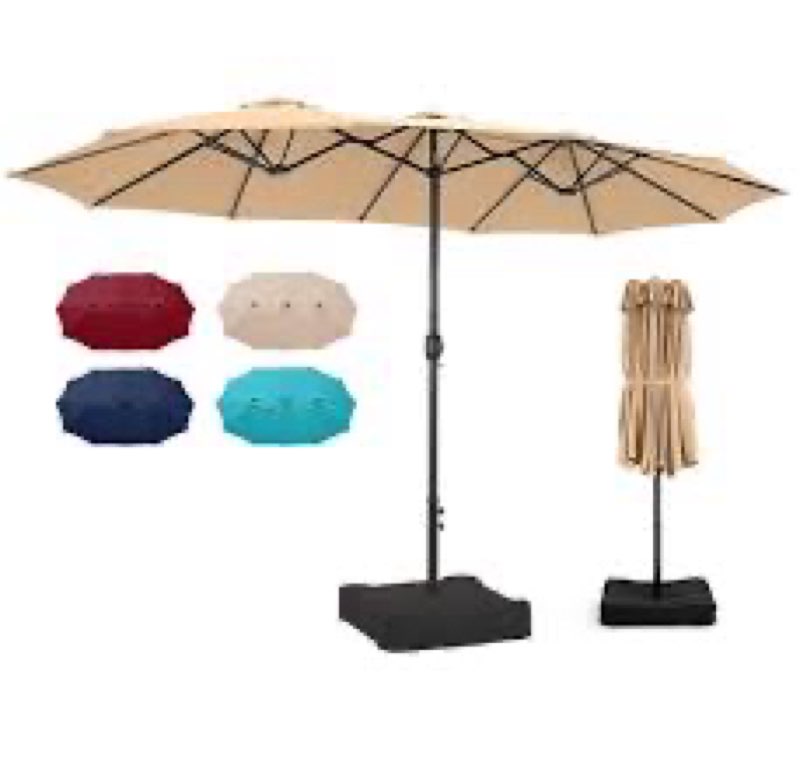 15ft Large Patio Umbrella, Double Sided Outdoor Umbrellas, Rectangular Market Umbrellas with Crank Handle, Backyard Umbrela for Deck, Garden, Pool GreyWith Base