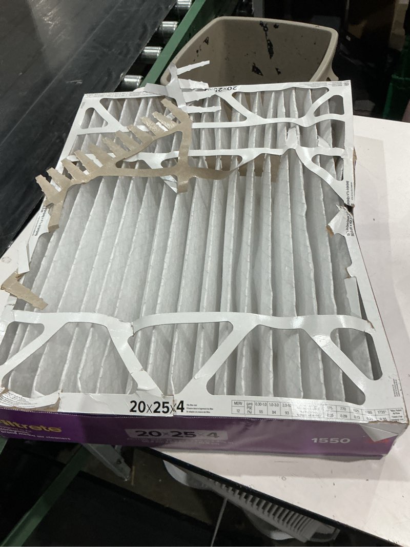 Condition photo showing As Is for filtrete 20-in w x 25-in l x 4-in merv 12 1550 mpr allergen, bacteria and virus electrostatic pleated air filter