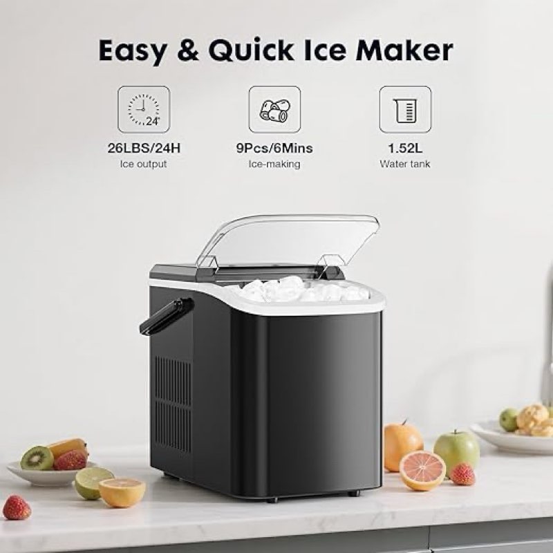sweetcrispy countertop ice maker machine, portable self-cleaning ice machine with ice scoop, basket and handle, 9 cubes in 6 mins, 26.5lbs/24hrs, 2 sizes of bullet ice for home kitchen, coal black