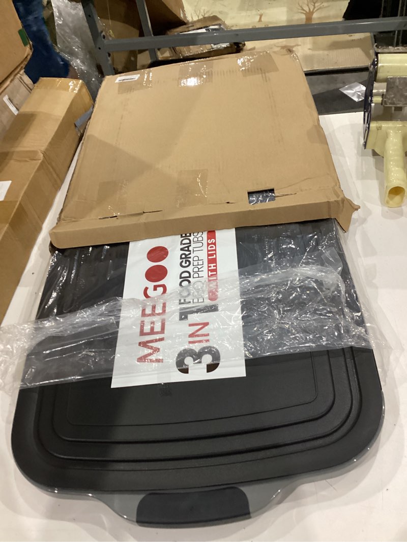 Condition photo showing New/Like New for bbq prep tub 3-in-1 large 16l collapsible cutting board with locking lid for meal prep marinating food, camping sink with colander, dish basin, storage blanket for camping picnic bbq, black 16l black locked