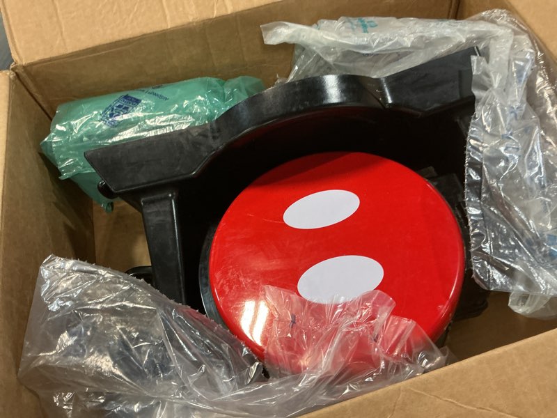 Condition photo showing As Is for Disney Mickey Mouse MIC-62 Double Flip Waffle Maker by Select Brands - Nonstick Mini Waffle Iron with Rotating Design - Makes 6 Mickey Waffles - Variable Shade Control