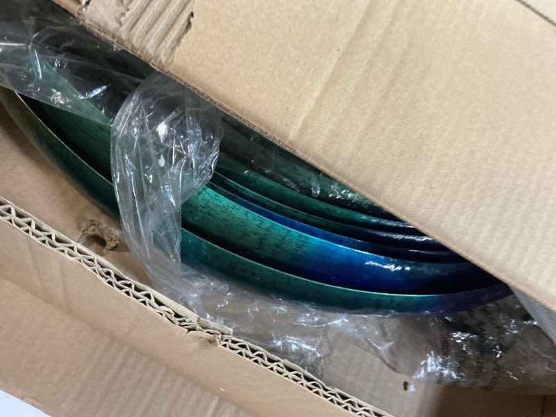 Condition photo showing Good Condition for Outdoor Wind Spinners with Solar Light, 82'' Metal Large Spinner Yard Art, Peacock Blue Wind Sculptures for Garden Lawn Patio, Gifts for Family Peacock Blue Leaves