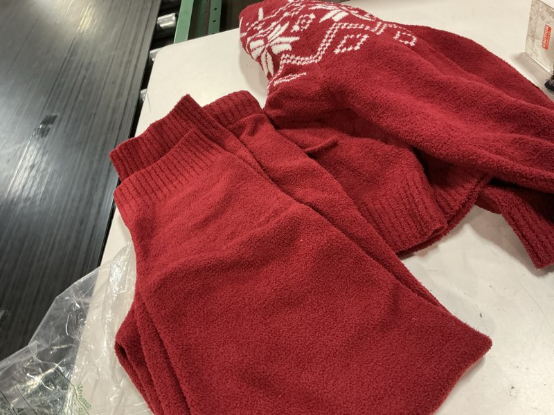 Condition photo showing As Is for snuggle sac ultrasoft women's pajama set, cozy warm fleece loungewear long sleeve 2-piece pjs for chilly days & nights medium red fair isle