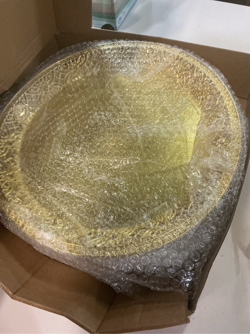 Condition photo showing New/Like New for 10 pack gold plastic serving tray bulk lightweight round party snack serving tray reusable decorative food appetizer platter for coffee tea dessert fruit wedding party buffet(14.2 inches)