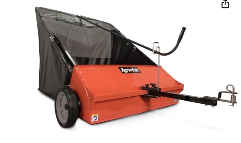 agri-fab 45-0492 44" tow-behind lawn sweeper, 28 cu. ft hopper bag capacity; leaf & grass catcher, with adjustable brush height and dump from seat handle