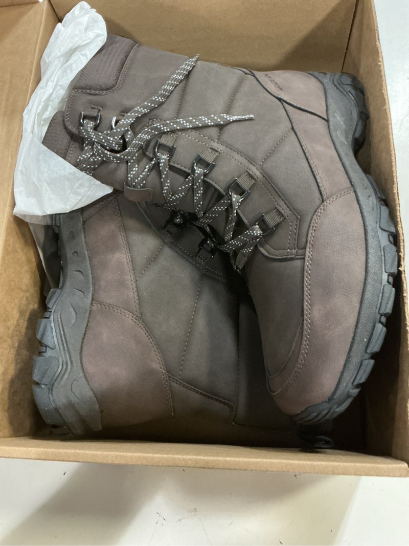 Condition photo showing New/Like New for lands' end expedition insulated winter boots for men, lace up or slip on waterproof mens snow boots, medium or wide width men's shoes size 8 to 13, black, brown, green or grey 11.5 dark brown max
