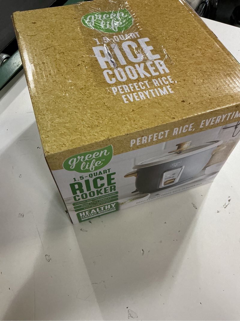 Condition photo showing New/Like New for greenlife rice cooker with removable pfas-free ceramic nonstick pot, 3-cups uncooked/6-cups cooked, grains & oatmeal multicooker, compact one-switch design, auto keep warm, easy clean, gray gray 1.5qt rice cooker