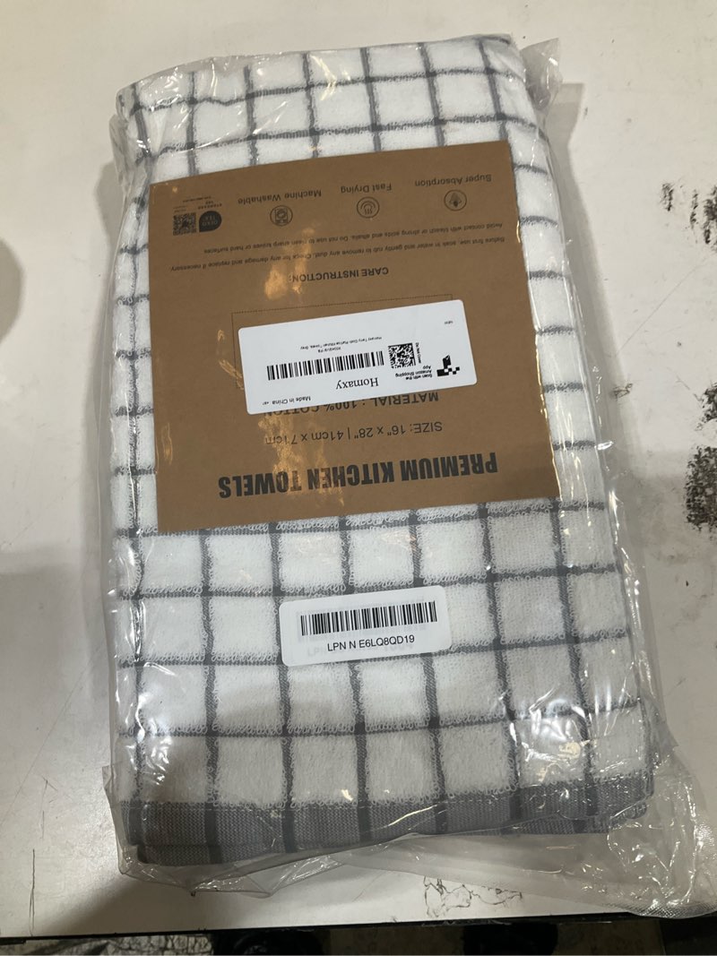 Condition photo showing Good Condition for homaxy premium cotton kitchen towels 16"x 28", large natural ring spun 390 gsm dish towels, super absorbent terry kitchen hand towels, soft tea towels with hanging loop, grey check design, 6 pack grey 16" x 28" - 6 pack