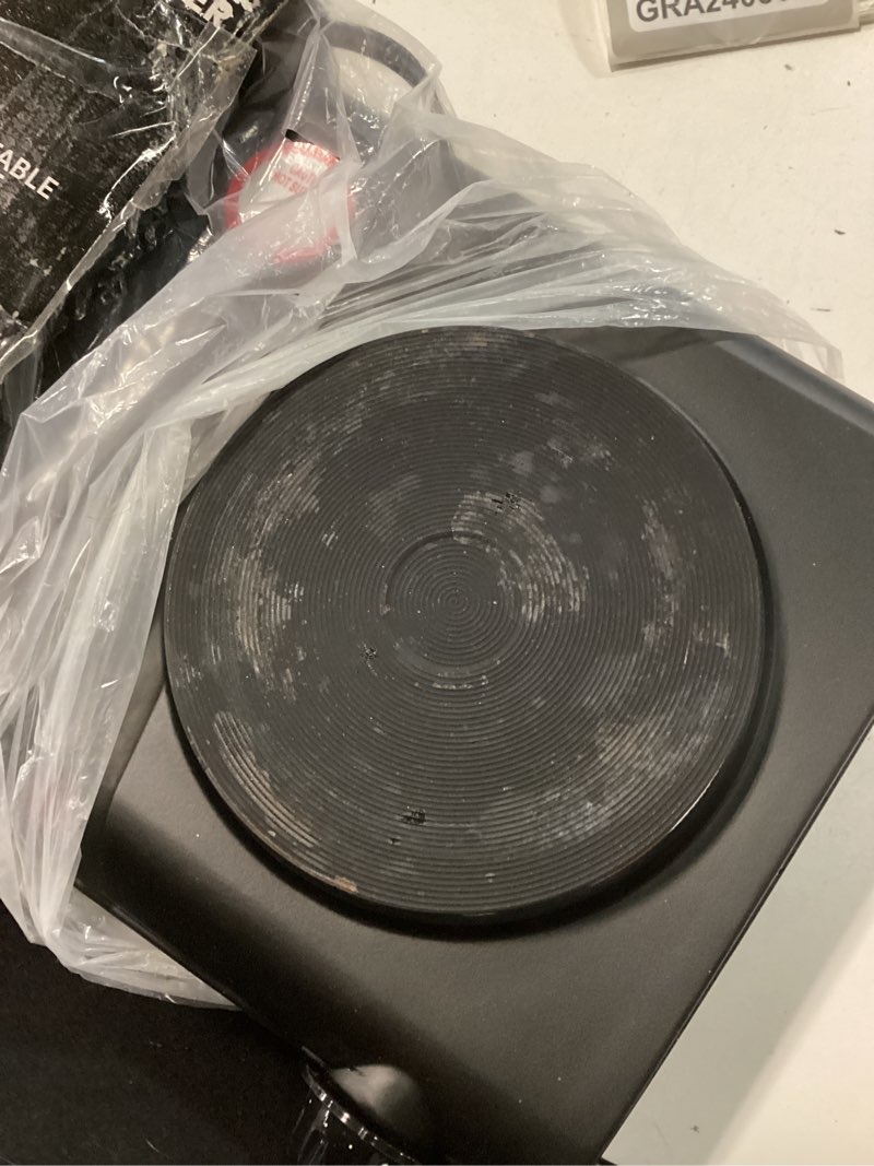 Condition photo showing As Is for Elite Gourmet EDB-302BF# Countertop Double Cast Iron Burner, 1500 Watts Electric Hot Plate, Temperature Controls, Power Indicator Lights, Easy to Clean, Black