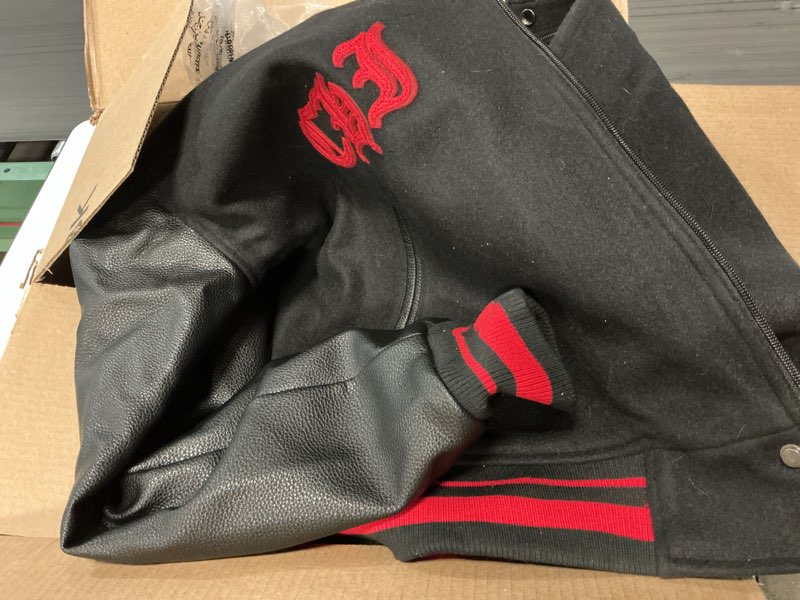 Condition photo showing As Is for Pro Standard MENS NHL CHICAGO BLACKHAWKS OLD ENGLISH VARSITY JACKET BLACK/RED/BLACK XL