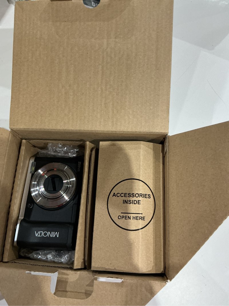 Condition photo showing As Is for minolta 56mp dual lens digital camera – 5x optical zoom, 5k ultra hd video, cmos sensor, 2.8-inch lcd screen, stabilization, selfie lens, 32gb card, rechargeable battery (black)