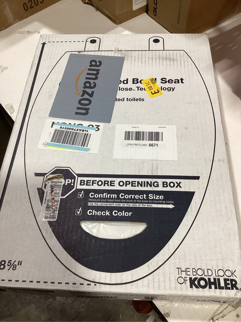 Condition photo showing Good Condition for kohler stonewood quiet-close elongated toilet seat, slow close design, durable wood, easy installation, universal fit, white finish, k-20466-0
