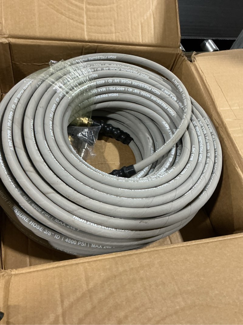 Condition photo showing As Is for 3/8" pressure washer hose 200ft 4800 psi, kink resistant steel braided layer & nonmarking rubber for hot/cold water, high power washer hose with 3/8 inch quick connect & m22 fitting, gray gray 200ft